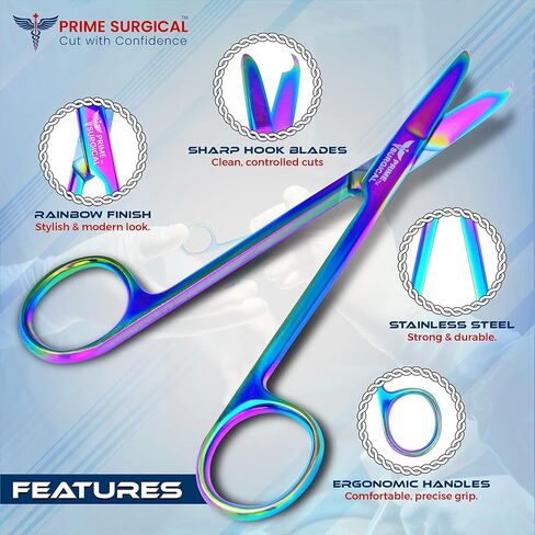 Prime Surgical Suture Stitch Scissors 5" (13cm) Straight – German Steel, Rainbow Titanium Coating, Delicate Hooked Tip – Ideal Suture Removal Kit, First Aid & EMS, Free Gloves Included in Saudi Arabia