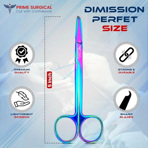 Prime Surgical Suture Stitch Scissors 5" (13cm) Straight – German Steel, Rainbow Titanium Coating, Delicate Hooked Tip – Ideal Suture Removal Kit, First Aid & EMS, Free Gloves Included in Saudi Arabia