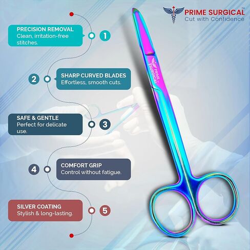 Prime Surgical Suture Stitch Scissors 5" (13cm) Straight – German Steel, Rainbow Titanium Coating, Delicate Hooked Tip – Ideal Suture Removal Kit, First Aid & EMS, Free Gloves Included in Saudi Arabia