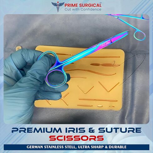 Prime Surgical Suture Stitch Scissors 5" (13cm) Straight – German Steel, Rainbow Titanium Coating, Delicate Hooked Tip – Ideal Suture Removal Kit, First Aid & EMS, Free Gloves Included in Saudi Arabia