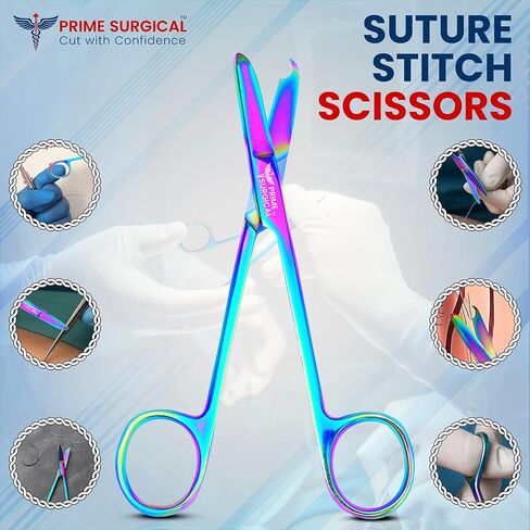 Prime Surgical Suture Stitch Scissors 5" (13cm) Straight – German Steel, Rainbow Titanium Coating, Delicate Hooked Tip – Ideal Suture Removal Kit, First Aid & EMS, Free Gloves Included in Saudi Arabia