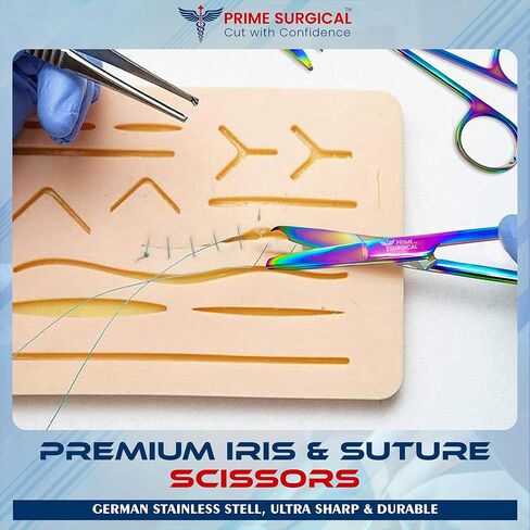 Prime Surgical Suture Stitch Scissors 5" (13cm) Straight – German Steel, Rainbow Titanium Coating, Delicate Hooked Tip – Ideal Suture Removal Kit, First Aid & EMS, Free Gloves Included in Saudi Arabia