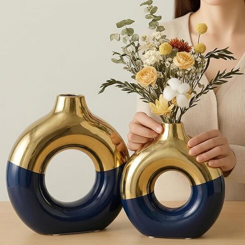 Terracotta Vase Decor Donut Vase Set of 2 - Circle Hollow Vase, Modern Matte Ceramic Vase for Entryway Living Room Bedroom Dining Table Centerpiece Office Home Decor in Saudi Arabia