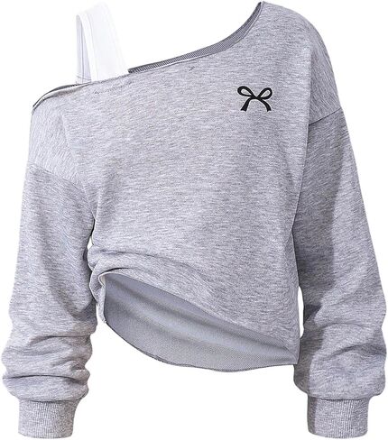 GORGLITTER Girl's Cute Long Sleeve Sweatshirt Bow Graphic Asymmetrical Neck Pullover Tops in Saudi Arabia
