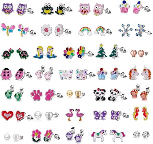 33 Pairs 18K Gold Plated Small Cute Simple Post Stud Earrings Set for Girls Kids Gold Tone Mix and Match (#8-flower and animal) in Kuwait