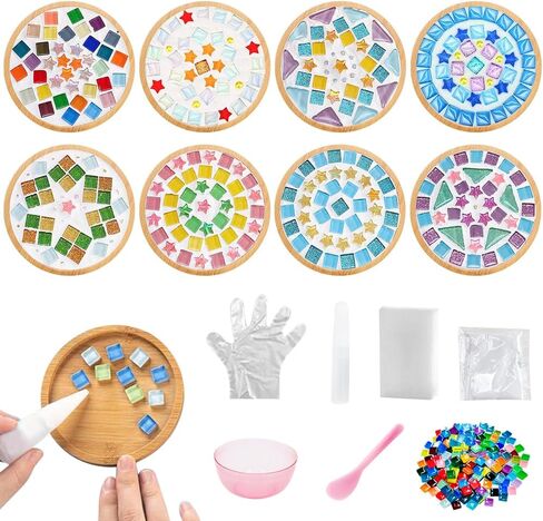 Ukontagood 8 Pack DIY Mosaic Tiles for Crafts, Mixed Color Mosaic Kits with Bamboo Coaster, Square & Round DIY Coasters Kit for Coaster Handmade Home Gifts in Saudi Arabia