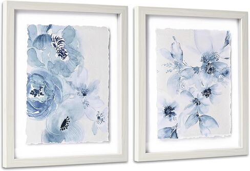 Artbyhannah مؤطرة الجدار الحمام ، فن الجدار الأزرق الفاتح مع تصميم الحافة الممزقة وطباعة الأزهار المائية الصور الفنية لزخارف غرفة نوم (2 عبوة ، 12x16 بوصة) in Kuwait