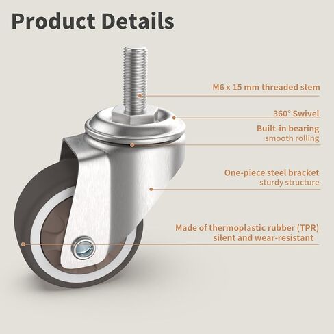 Chegulu 1.25" Small Threaded Stem Casters, M6 Swivel Furniture Wheels, TPR Silent, Mounting for Storage Cart, Shelving Unit, Coffee Table, 4 Pcs in Saudi Arabia