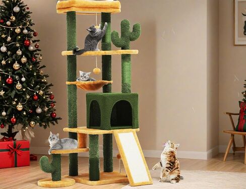 YITAHOME برج شجرة الصبار طويل القامة مع فرشاة العناية الذاتية، برج تسلق لطيف للقطط مقاس 60 بوصة للقطط الداخلية مع شقة للقطط، جثم علوي، سلة، أعمدة خدش السيزال ولوحة، كرات لعبة in Kuwait