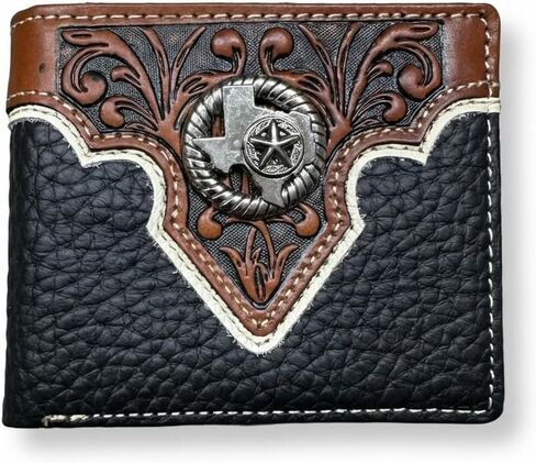محفظة من الجلد القصيرة للرجال - ترصيع الأدوات الأزهار مع ولاية تكساس و Star Concho - Western Cowboy Bifold Wallet for Texans و Marchans & Patriotic Gifts in Kuwait