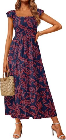 LILLUSORY Womens Square Neck Floral Ruffle Sleeve Maxi Dress 2025 Smocked Boho Vintage Sundress with Pockets in Kuwait