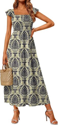 LILLUSORY Womens Square Neck Floral Ruffle Sleeve Maxi Dress 2025 Smocked Boho Vintage Sundress with Pockets in Kuwait