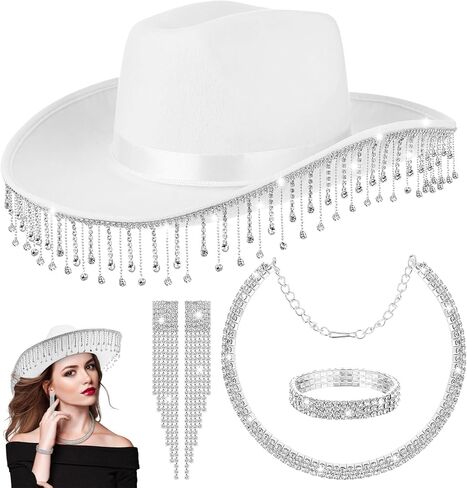 White Cowboy Hat with Fringes for Womens Rhinestone Cowgirl Hat with Heart-Shaped Sunglasses Bedazzled Glitter Western Cowboy Hats for Wedding Disco Party Cosplay Costume in Kuwait
