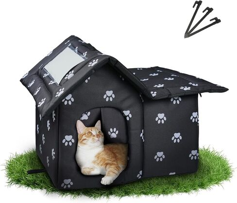 في الهواء الطلق Cat House مقاوم للطقس ، منزل قطة فرينية مقاومة للتسلية مع حصيرة وأبواب ، قطة وحشية دافئة مع ستارة الباب ، قابلة للطي ، سهلة التجميع معًا in Kuwait