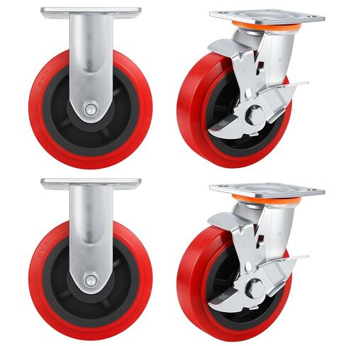 6 Inch Caster Wheels,Industrial Heavy Duty Caster Set of 4,Polyurethane Surface TPE Casters,Load 5000Lbs Swivel Brake Plate Casters,for Trolleys、Toolbox、Warehouse Handling(2Side Brake & 2 Rigid) in Saudi Arabia