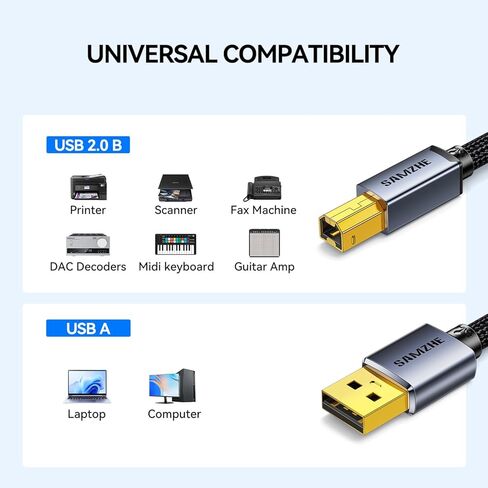 كابل طابعة SAMZHE بطول 5 أقدام، كابل USB-A إلى USB-B MIDI، سلك ماسح ضوئي مجدول من النايلون عالي السرعة متوافق مع لوحة مفاتيح MIDI، Canon، HP، Dell، Epson، Brother، Lexmark، Xerox، DAC، Panio in Kuwait