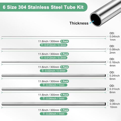 M METERXITY 300mm 304 Stainless Steel Tube, 1mm 2mm 4mm 6mm 8mm 10mm OD 0.3mm/0.5mm/1mm Wall Thick Seamless Straight Metal Pipe Tubing for Construction/Machining/Crafting [Set of 6 Sizes] in Saudi Arabia