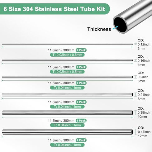 M METERXITY 300mm 304 Stainless Steel Tube, 3mm 4mm 5mm 6mm 10mm 12mm OD 0.5mm/1mm Wall Thick Seamless Straight Metal Pipe Tubing for Construction/Machining/Crafting [Set of 6 Sizes] in Saudi Arabia
