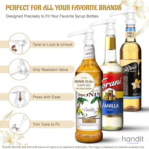 مضخات شراب القهوة من هانديت، 1/4 أونصة لكل مضخة، عبوة من 4 قطع بيضاء مع أغطية أطراف سوداء | تناسب زجاجات توراني وسكيني وستاربكس دافينشي لتر وزجاجات مونين البلاستيكية بوزن 33.8 مل | لا يناسب زجاج مونين 750 مل in Kuwait
