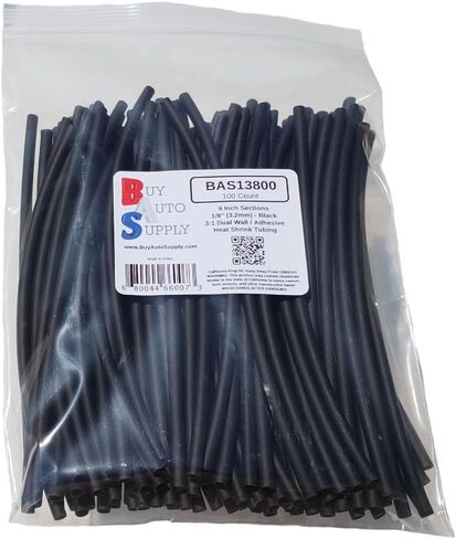 # BAS13800 (500 قطعة) أسود 3:1 أنبوب انكماش حراري مزدوج الجدار مبطن بطبقة لاصقة للسيارات والبحرية - الحجم: I.D 1/8 بوصة (3.2 مم) - أقسام 6 بوصة in Kuwait