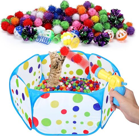 Mity rain Cat Ball Pit with Balls Included, Cat Interactive Toy for Indoor Bored Cats with Cat Ball Launcher, Jingle Balls and Pom Pom Balls, Cat Enrichment Toys, Kitten Toys for Self Playing in Saudi Arabia