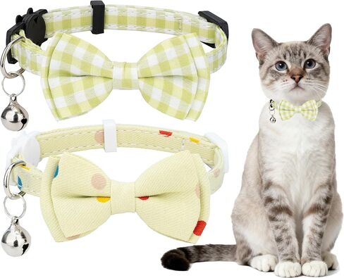 طوق Cat 2pcs تعيين ألوان صلبة منقوشة البولكا مع السلامة المنفصل بين الجرس Bowtie لـ Hitten Tiny Pet 2PCs [Solid & Plaid] -laid in Kuwait