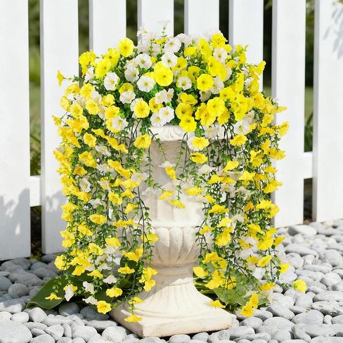 زهور معلقة اصطناعية للهواء في الهواء الطلق ، 2 PCS Silk Morning Glory Faux Flower مع أوراق الأوكالبتوس ، نباتات معلقة واقعية لحفلات الزفاف منزل حديقة المكتب المنزلي in Kuwait