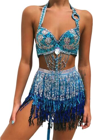 Women's Sequin Tassel Skirt Sparkly Fringe Belly Dance Performance Mini Skirts Belly Dance Hip Scarf Rave Costume in Saudi Arabia