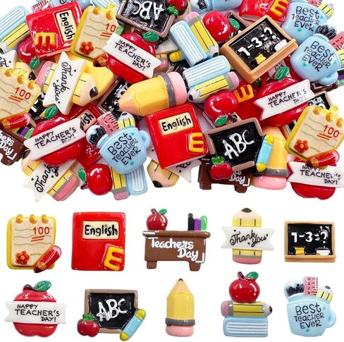 Back to School Flatback Resin Charms, 36Pcs School Supplies Cute Cartoon Teacher Charms Resin Pencil Apple Stationery Embellishments for Hair Clips Phone Case Photo Frame Making DIY Crafts Accessories in Saudi Arabia
