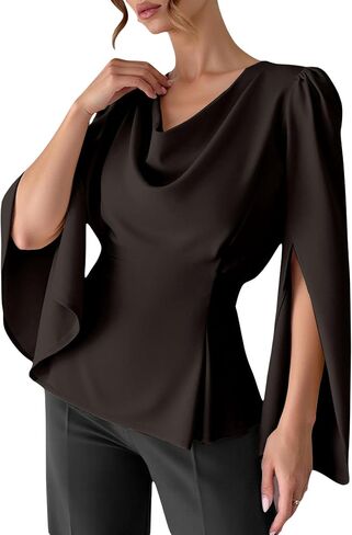 Women's Cowl Neck Satin Blouse Split Long Sleeve Peplum Tie Back Elegant Tops in Saudi Arabia