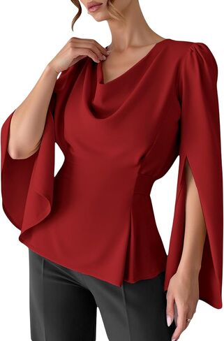 Women's Cowl Neck Satin Blouse Split Long Sleeve Peplum Tie Back Elegant Tops in Saudi Arabia