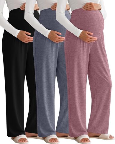 3 Pack Women's Maternity Pants Over The Belly Pregnancy Pants Stretchy Loose Wide Leg Lounge Pajama with Pockets in Saudi Arabia