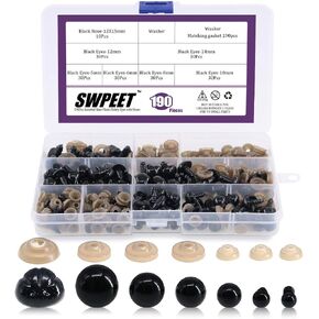Swpeet 190Pcs Black Assorted Sizes Plastic Safety Eyes and 10 Pcs Noses Set for Doll, Puppet, Plush Animal Making and Teddy Bear