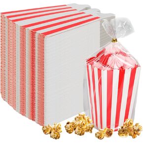 JarThenaAMCS 200Pcs Mini Popcorn Bags Bulk Paper Popcorn Boxes with Clear Plastic Treat Bags Red White Stripe Popcorn Buckets Paper Candy Favor Bags for Movie Night Party Supplies, 4.5 x 2.8 x 2 Inch