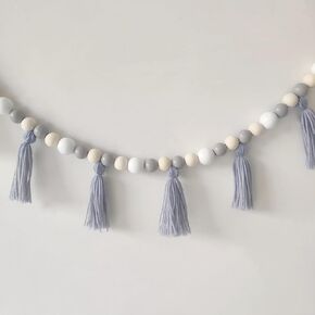 SayasNoy 59" Tassel Garland - Boho Tassel Garland with Wood Beads, Wood Bead Garland,Boho Nursery Decor - Wall Decor for Dorm/Living Room/Bedroom (Grey Pink+Tassel)