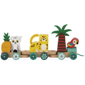 Janod - Tropik Tropical Pull-Along Train - 11 Pieces and 3 Cars - Ages 1 Year + J08272