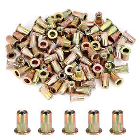 120PC Rivet Nut Kit,#5-32,#6-32, 8-32, 10-24, 1/4"-20, 5/16"-18, 3/8"-16，Carbon Steel Flat Head Rivnut Threaded Insert Nut Set,Knurled Body,Yellow Zinc Plated Finish