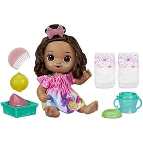 Baby Alive Fruity Sips Doll, Lemon, Toys for 3 Year Old Girls, 12-inch Baby Doll Set, Drinks & Wets, Pretend Juicer, Kids 3 and Up, Brown Hair