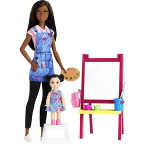 Barbie Careers Doll & Playset, Art Teacher Theme with Brunette Doll, 1 Toddler Doll, Color-Change Easel & Accessories