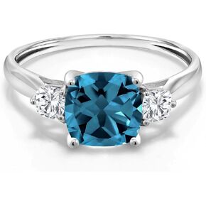 Gem Stone King 10K White Gold London Blue Topaz & White Moissanite 3 Stone Engagement Ring For Women | 2.11 Cttw | Cushion 7MM | Gemstone Birthstone | Size 5,6,7,8,9