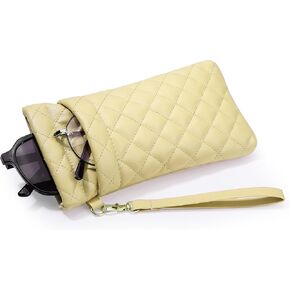 MoKo Double Eyeglasses Pouch with Carrying Strap, PU Leather Large Squeeze Top Portable Sunglass Case with Cleaning Cloth