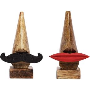 Father's Day Gifts Pack of 2 Wooden Handmade Red Lip and Moustache Shaped Eyeglass Spectacle Holder Display Stand for Girls Women Office Desk Home Décor Gifts (Brown2)