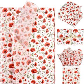 Bolsome 100 Sheets Red Poppy Flower Tissue Paper Watercolor Red Petals Black Stamens Wild Blossom Art Tissue Paper for Birthday Wedding Bridal Shower DIY Craft, 20 × 14 Inches