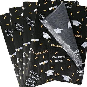 100 Sheets 2024 Graduation Tissue Paper for Gift Wrapping, 20 * 14 Inches Metallic Silver Gold Black Graduation Diploma cap patterned Decorative Tissue Paper for Grad Party Celebration in Saudi Arabia