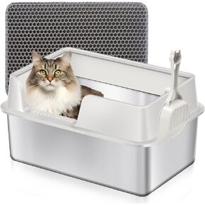 Stainless Steel Litter Box, Metal Litter Pan for Multiple Cats, Better Cat Privacy Side Entrance Cat Litter Box, Non-Sticky, Litter Scoop & Mat Included