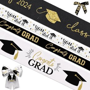 4 Rolls 20 Yards Graduation Ribbons, 3/8" Graduation Hat Star Grosgrain Ribbons Black Congrats Grad Class of 2025 Satin Ribbons Wrapping Craft Ribbons for Graduation Decor and Theme Party Supplies