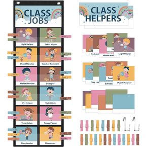 Pasimy 89 Pcs Class Jobs Chart Set, Boho Class Helpers Pocket Chart Classroom Jobs Cards with Clips and Hooks Teacher's Helper Bulletin Board Set for Back to School Classroom Decorations Supplies