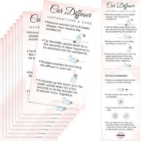 Motiskyy 200 Pcs Car Diffuser Instruction Cards 2 x 3.54 Inch Care Car Hanging Diffuser Card for Car Oil Diffuser Bottles, Pink with White Design