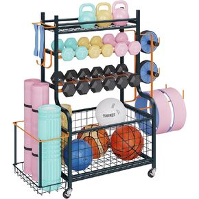 Weight Rack for Dumbbells, Yoga Mat Storage Rack Home Gym Equipment Storage Rack Cart for Dumbbells Kettlebells Yoga Mat, All in One Workout Equipment Storage Organizer Cart with Wheels and Hooks