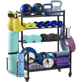 LUGO Dumbbell Storage Rack & Stand with Wheels and Hooks, Heavy Duty Weight Rack for Dumbbells, Kettleballs, Yoga Mat, and Balls, Home Gym Storage, All in One Workout Storage, Steel Finish